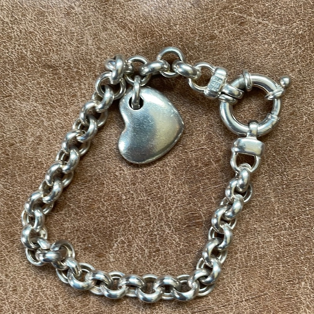 Vintage 925 Sterling Silver Italy Milor Puffy Heart Charm Rolo Link Bracelet7.5”